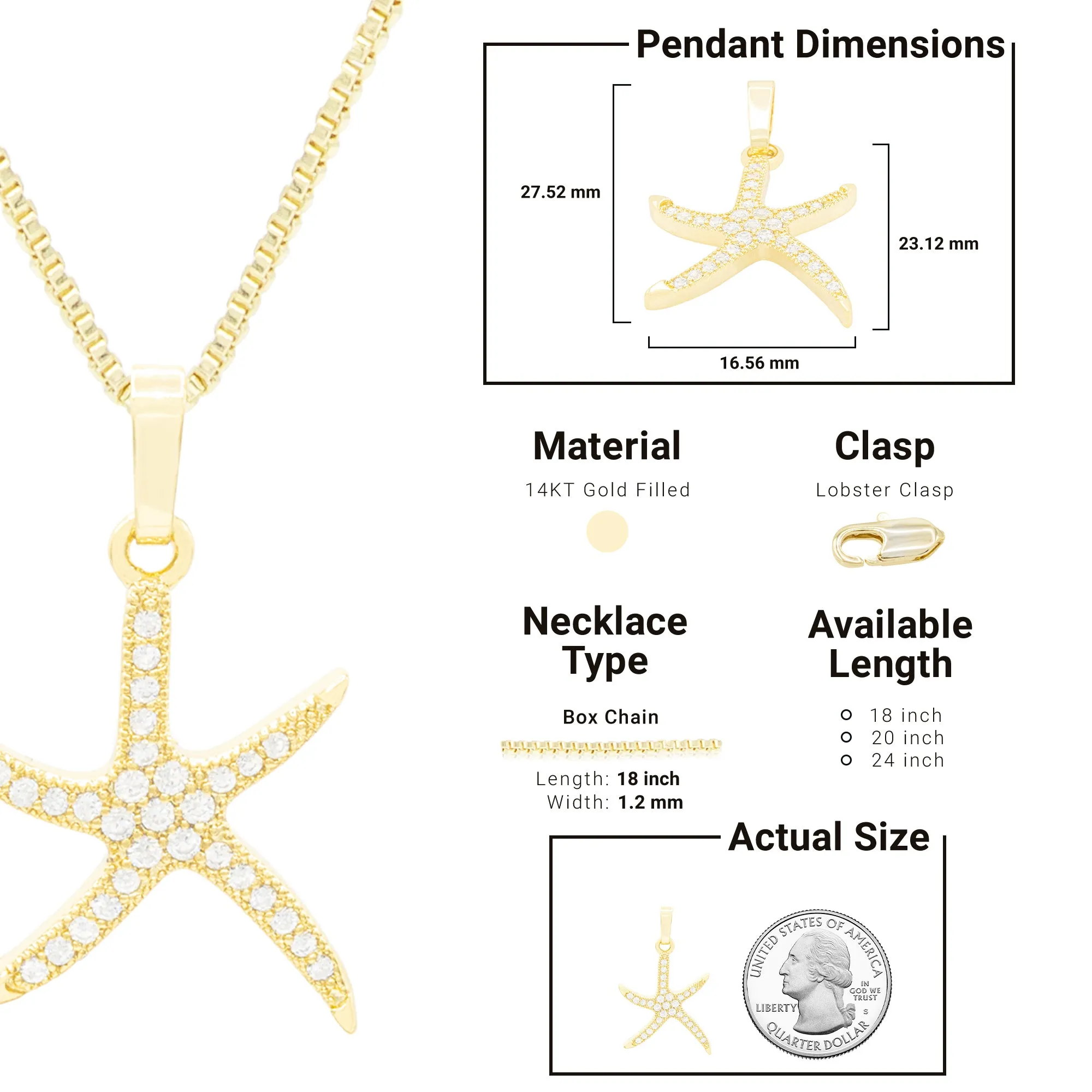Starfish 2 Cubic Zirconia Pendant With 14K Gold Filled Necklace Set