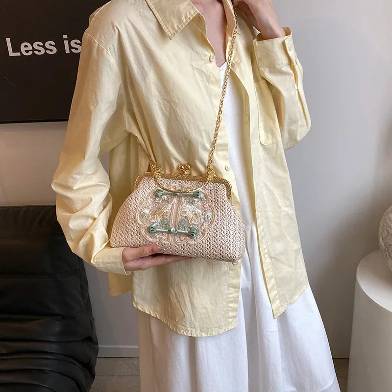 UAKISS  -  Chinese Style Summer Small Straw Bags for Women Handmade Beach Crossbody Bags 2024 Korean Fashion Woven Handbags and Purses