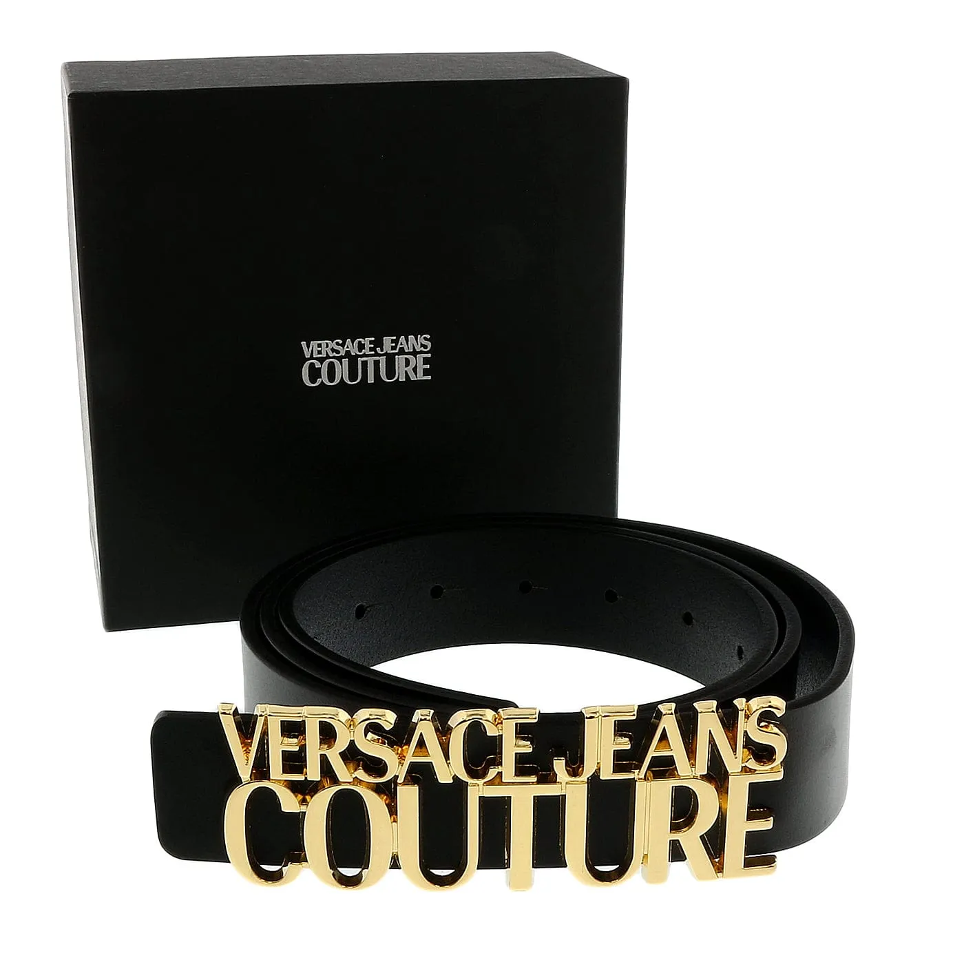 Versace Jeans Couture Black/Gold Lettering Buckle Leather Belt